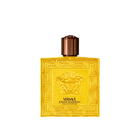Versace Ergos Energy Eau de Parfum bottle in a textured golden yellow finish with a metallic bronze cap, shown on a plain white background.