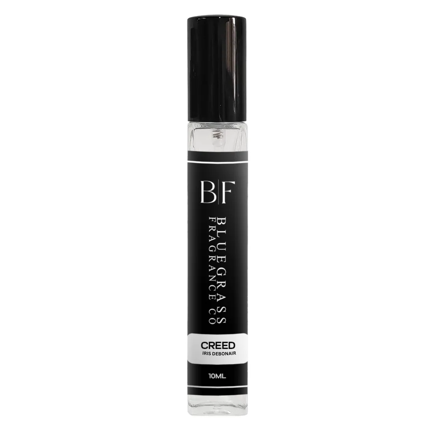 A 10ml roll-on perfume bottle from Bluegrass Co, featuring a black cap and a black label with white text, including the scent name 'Creed'.